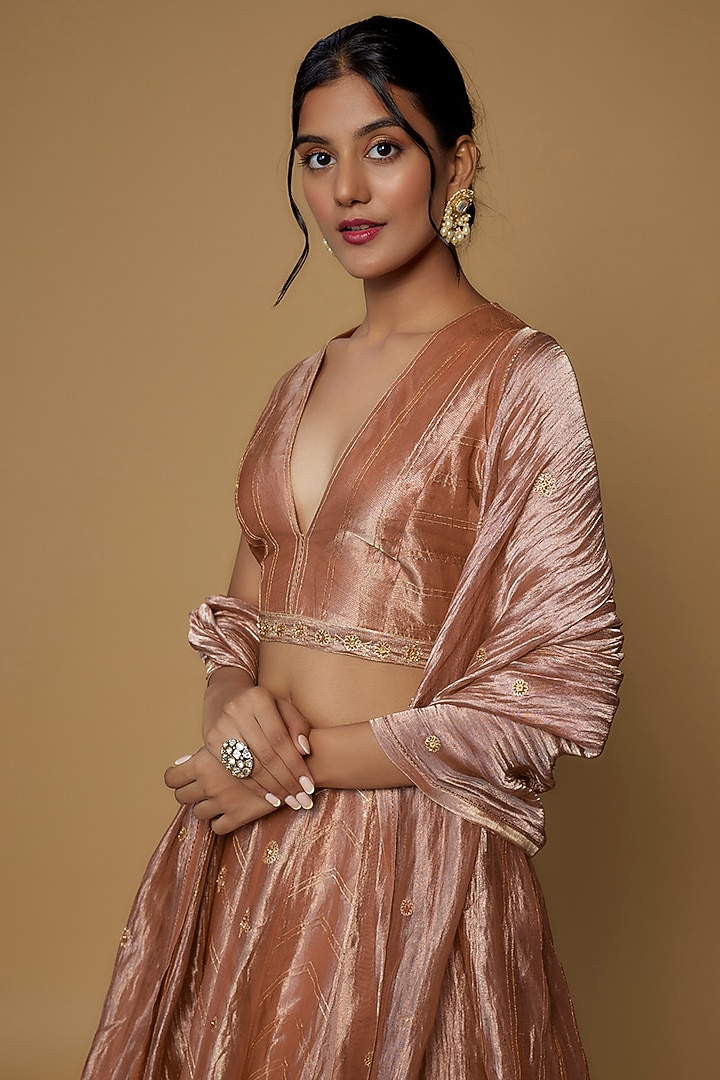 Blush Pink Tissue Silk Embroidered Wedding Lehenga Set by Deep thee at Pernia's Pop Up Shop