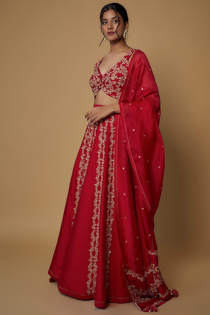 Red Silk Embroidered Lehenga Set by Deep thee