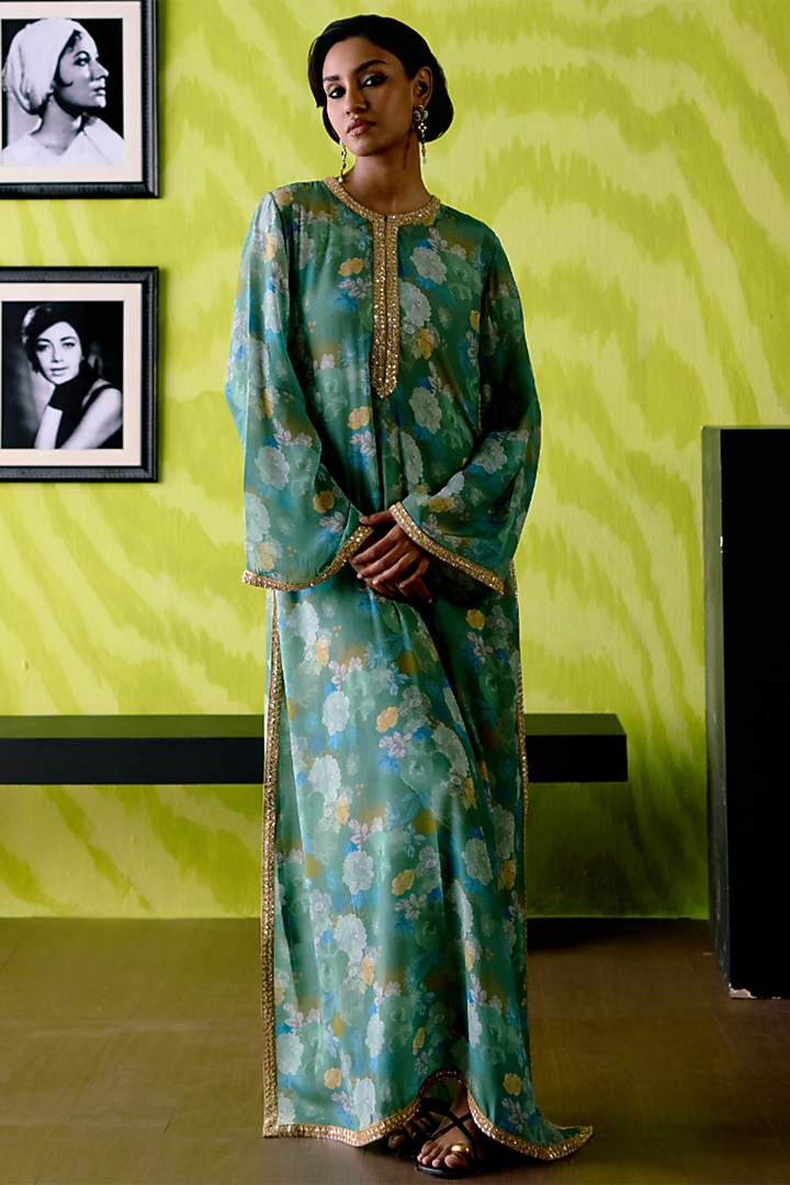 Apple Green Crepe Silk Floral Printed Vacation Dress by Deep thee at Pernia's Pop Up Shop