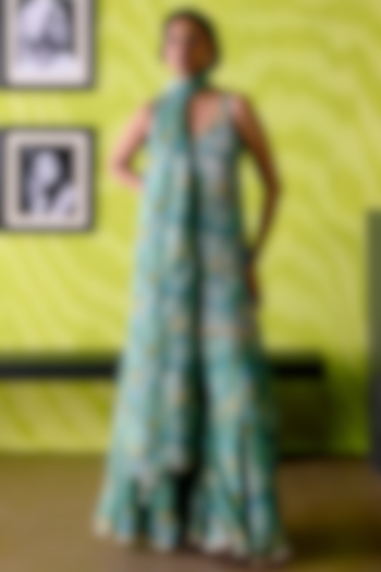 Apple Green Crepe Silk Floral Printed Wedding Sharara Set by Deep thee at Pernia's Pop Up Shop