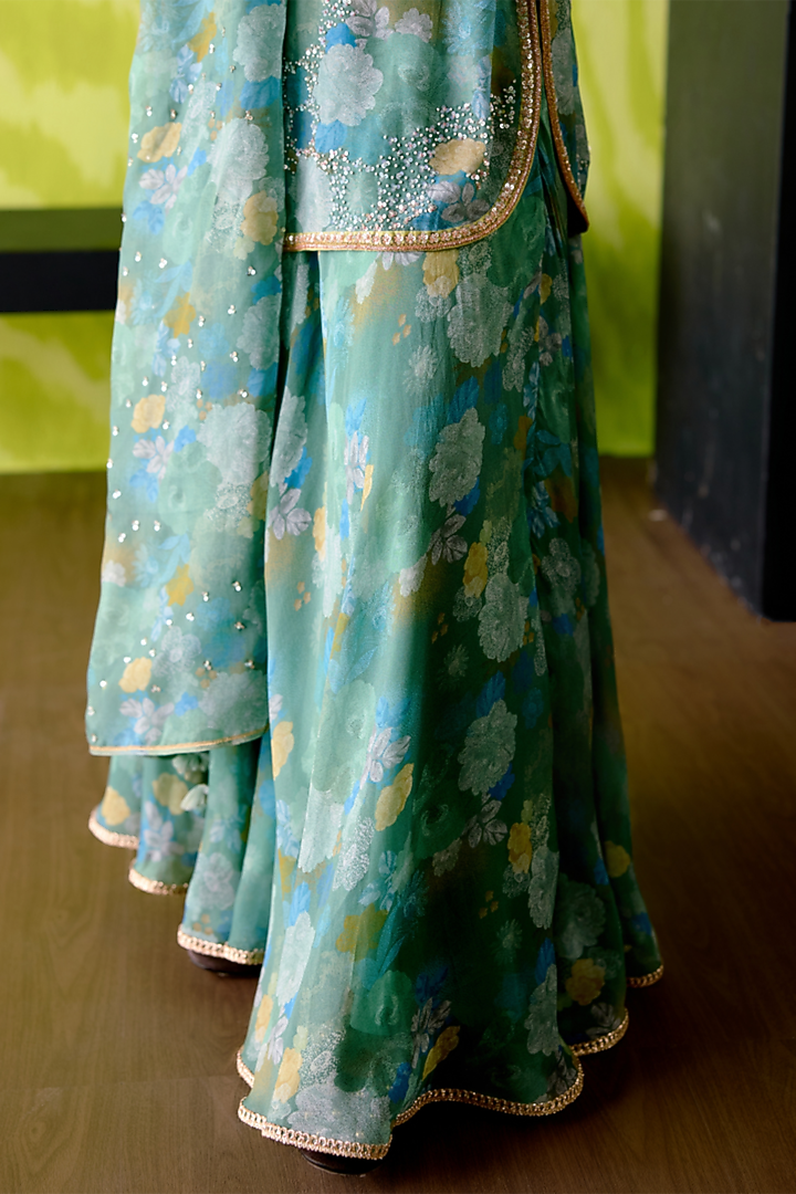 Apple Green Crepe Silk Floral Printed Wedding Sharara Set by Deep thee at Pernia's Pop Up Shop