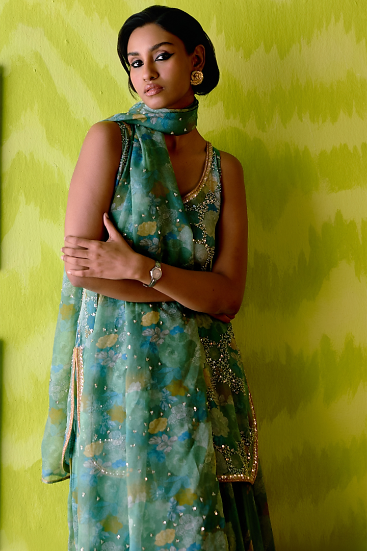 Apple Green Crepe Silk Floral Printed Wedding Sharara Set by Deep thee at Pernia's Pop Up Shop