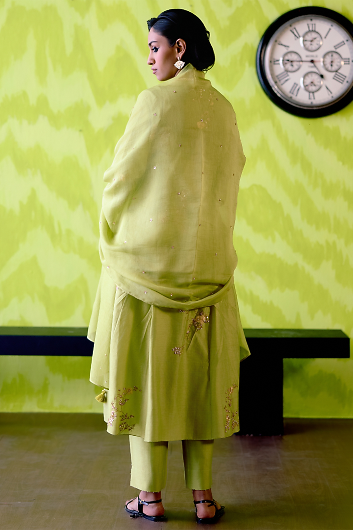 Apple Green Chanderi Floral Printed Angrakha Wedding Anarkali Set by Deep thee at Pernia's Pop Up Shop