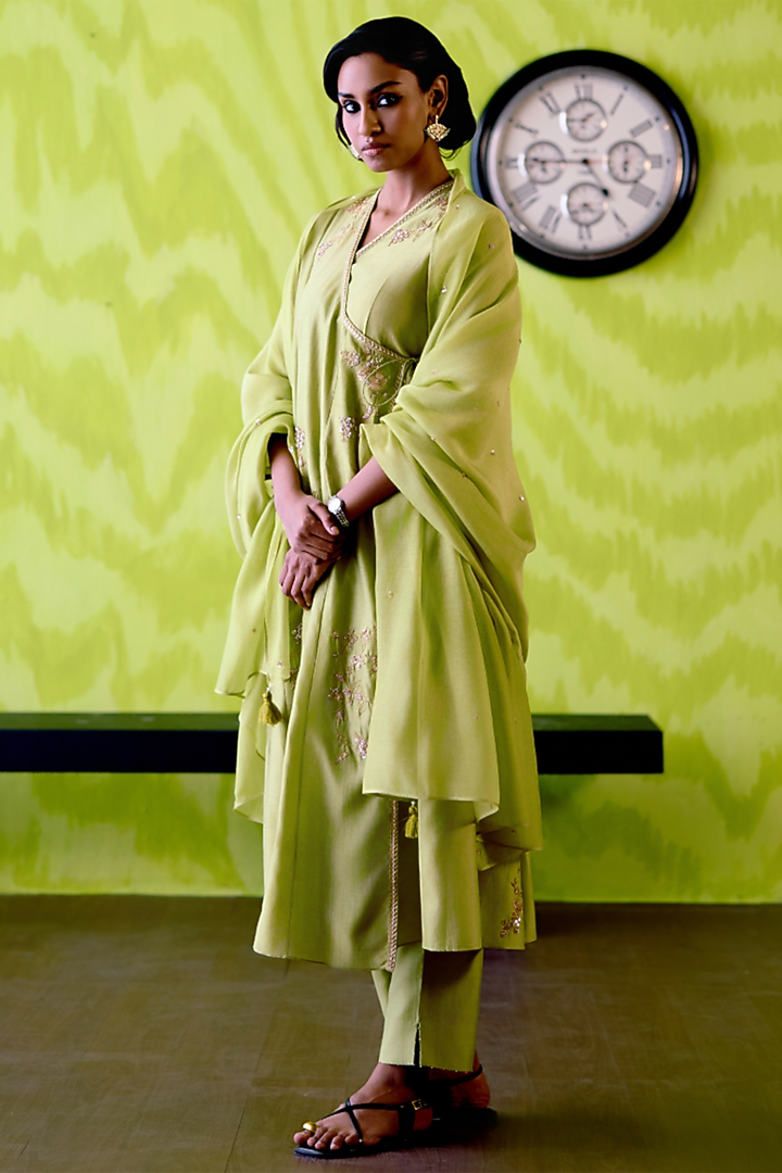 Apple Green Chanderi Floral Printed Angrakha Wedding Anarkali Set by Deep thee at Pernia's Pop Up Shop