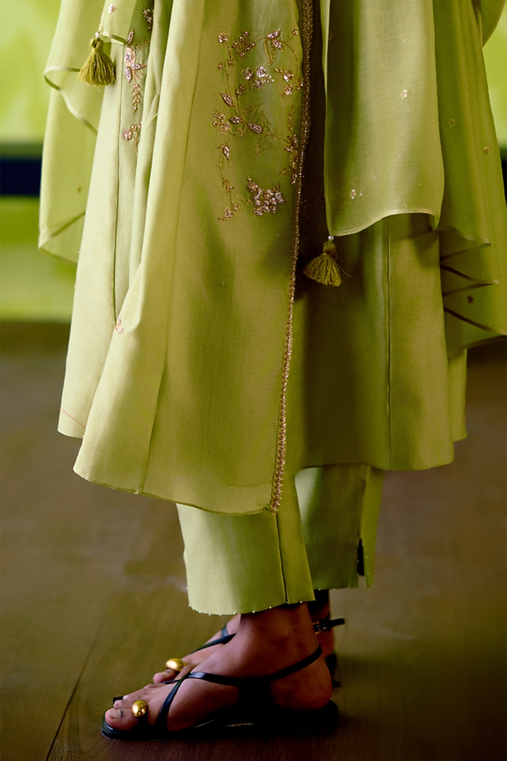 Apple Green Chanderi Floral Printed Angrakha Wedding Anarkali Set by Deep thee at Pernia's Pop Up Shop