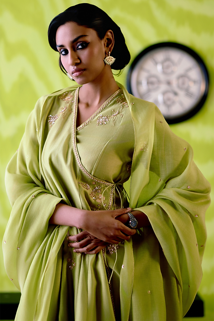 Apple Green Chanderi Floral Printed Angrakha Wedding Anarkali Set by Deep thee at Pernia's Pop Up Shop
