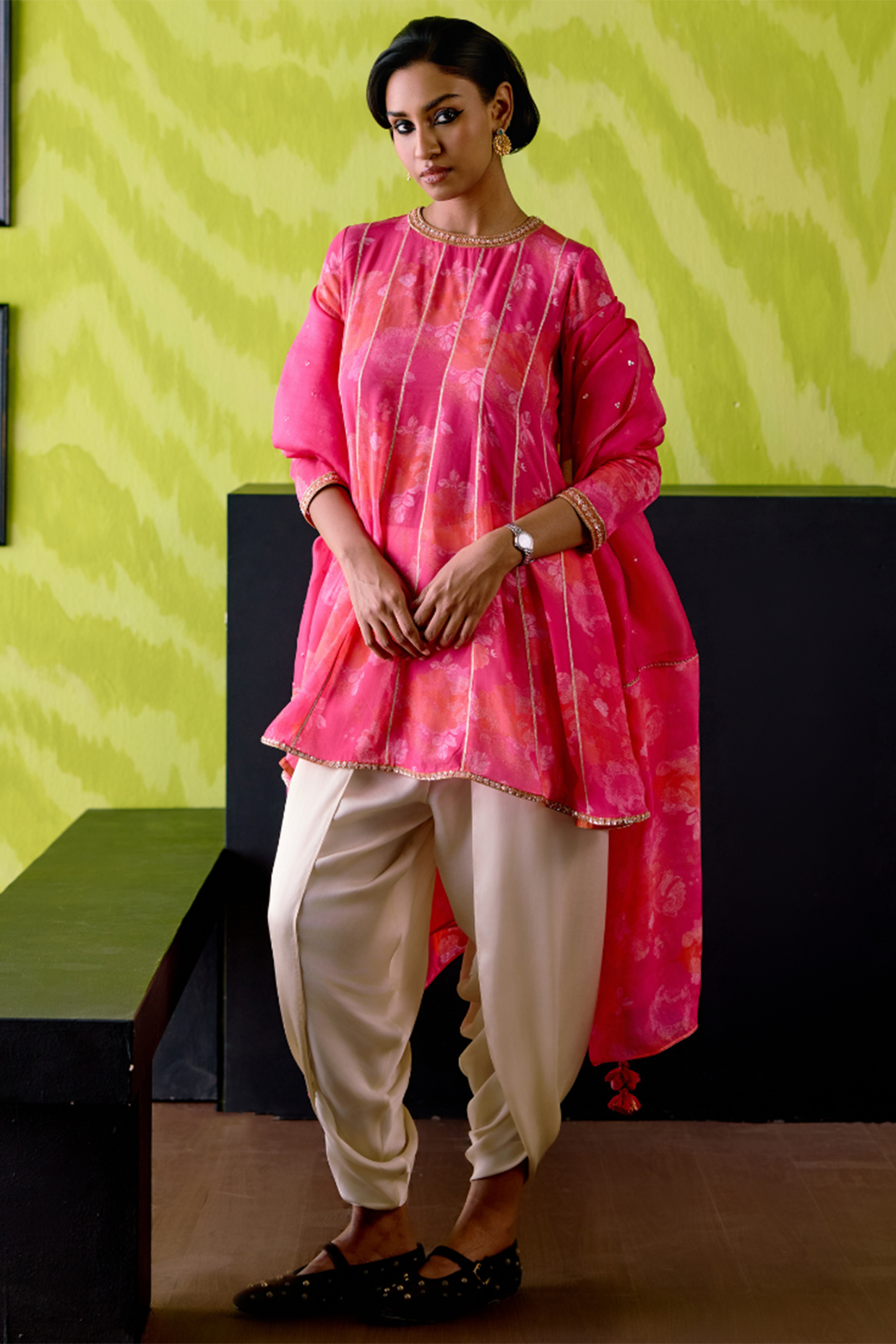 Fuchsia Pink Crepe Silk Floral Printed Wedding Anarkali Set by Deep thee at Pernia's Pop Up Shop
