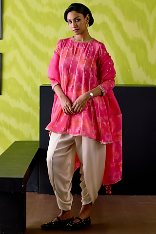 Fuchsia Pink Crepe Silk Floral Printed Anarkali Set by Deep thee