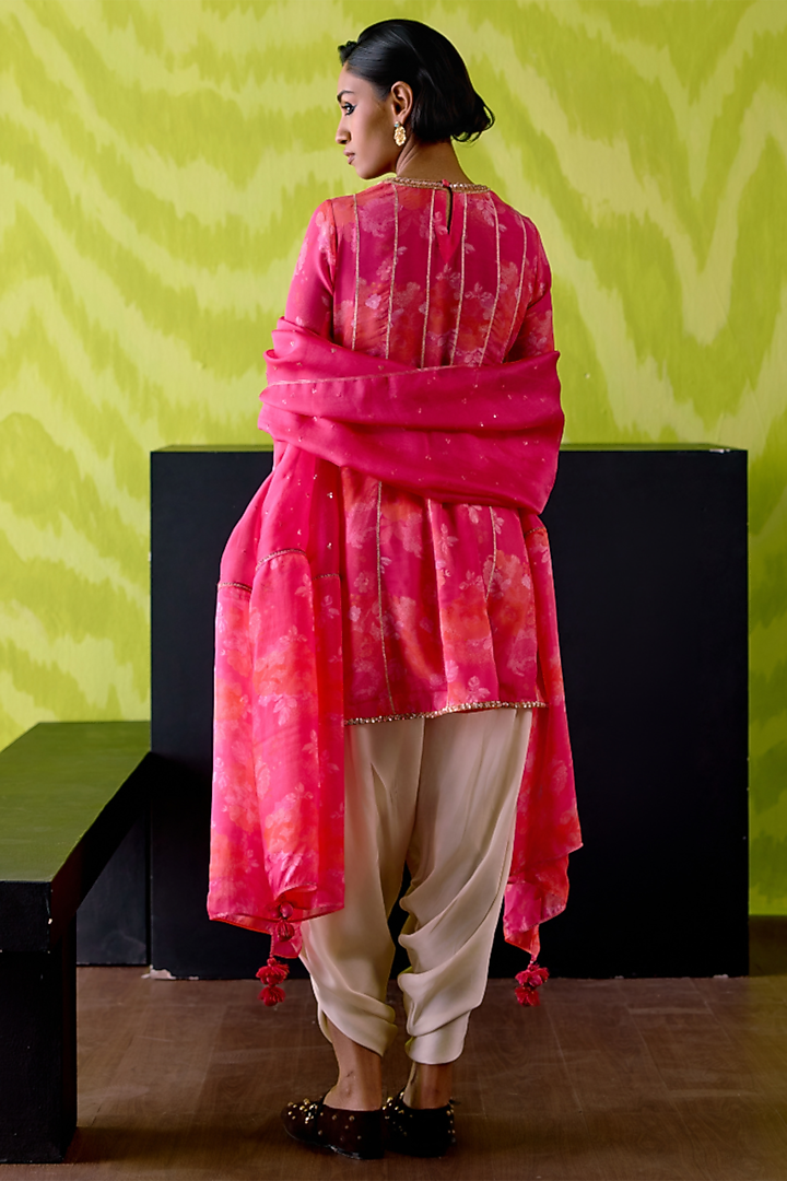 Fuchsia Pink Crepe Silk Floral Printed Wedding Anarkali Set by Deep thee at Pernia's Pop Up Shop