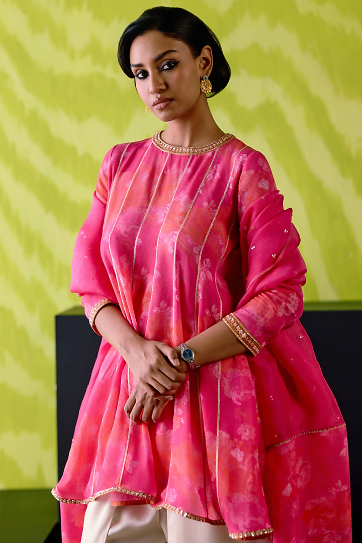 Fuchsia Pink Crepe Silk Floral Printed Wedding Anarkali Set by Deep thee at Pernia's Pop Up Shop