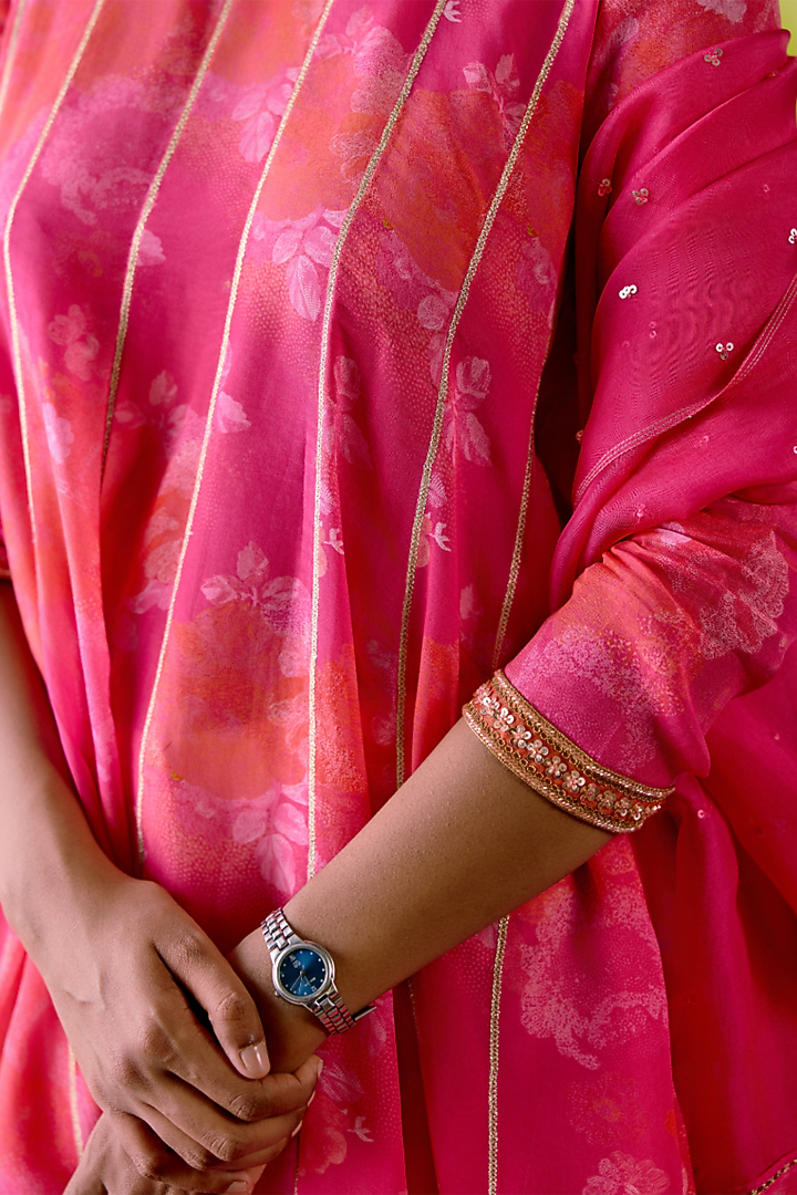 Fuchsia Pink Crepe Silk Floral Printed Wedding Anarkali Set by Deep thee at Pernia's Pop Up Shop