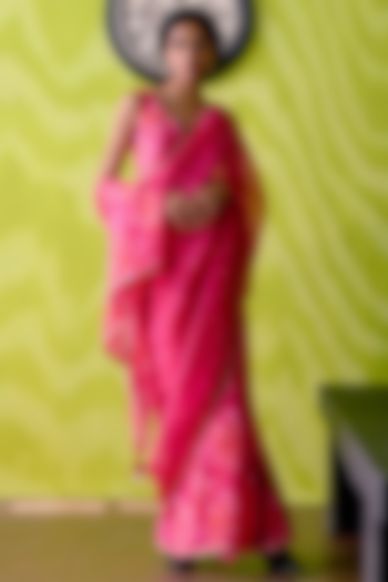 Fuchsia Pink Crepe Silk & Organza Floral Printed Half-N-Half Wedding Saree Set by Deep thee at Pernia's Pop Up Shop