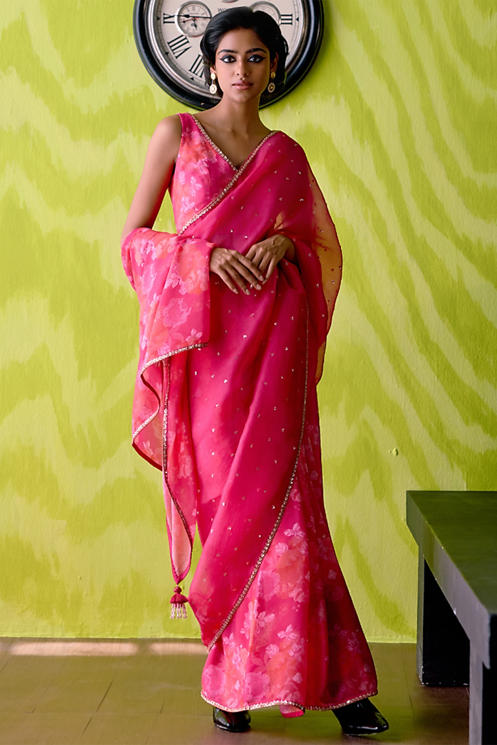 Fuchsia Pink Crepe Silk & Organza Floral Printed Half-N-Half Wedding Saree Set by Deep thee at Pernia's Pop Up Shop