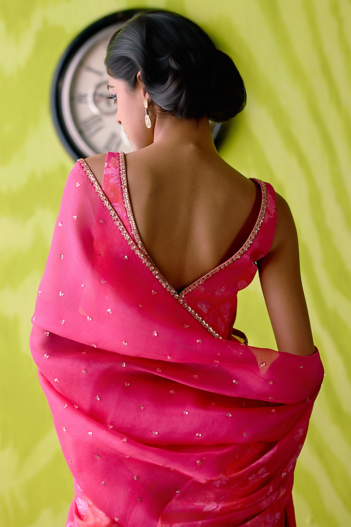 Fuchsia Pink Crepe Silk & Organza Floral Printed Half-N-Half Wedding Saree Set by Deep thee at Pernia's Pop Up Shop