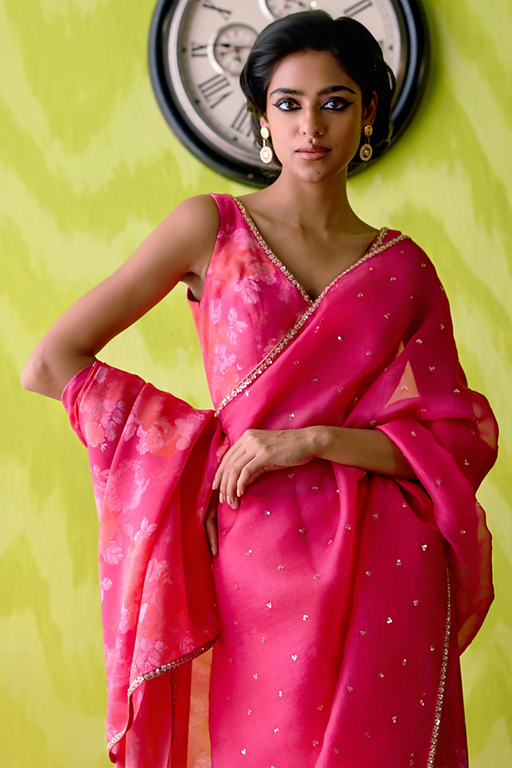 Fuchsia Pink Crepe Silk & Organza Floral Printed Half-N-Half Wedding Saree Set by Deep thee at Pernia's Pop Up Shop