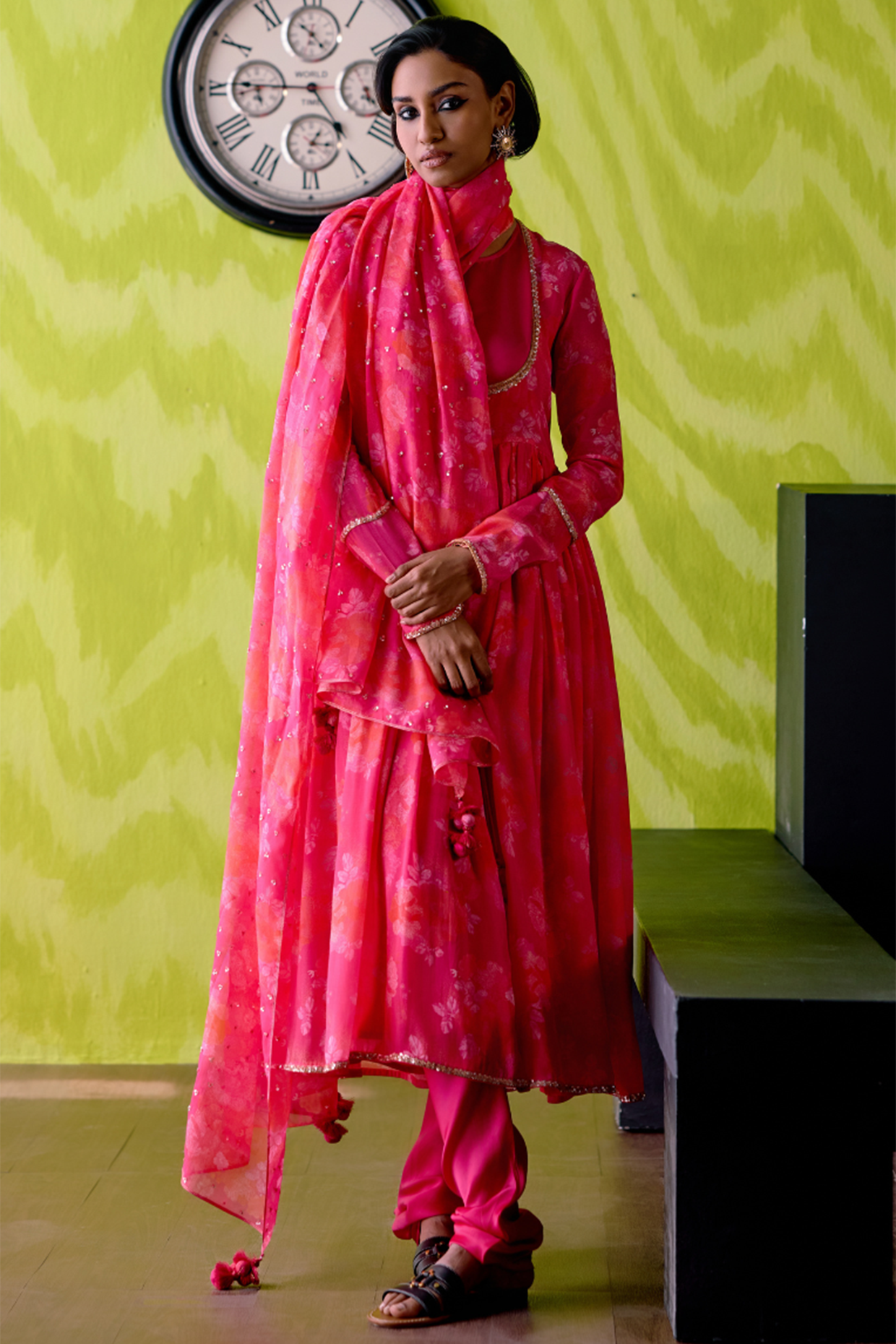 Fuchsia Pink Crepe Silk Floral Printed Wedding Anarkali Set by Deep thee at Pernia's Pop Up Shop