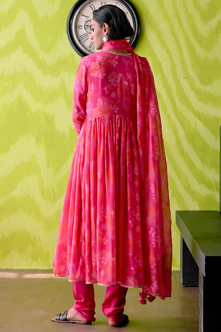 Fuchsia Pink Crepe Silk Floral Printed Wedding Anarkali Set by Deep thee at Pernia's Pop Up Shop