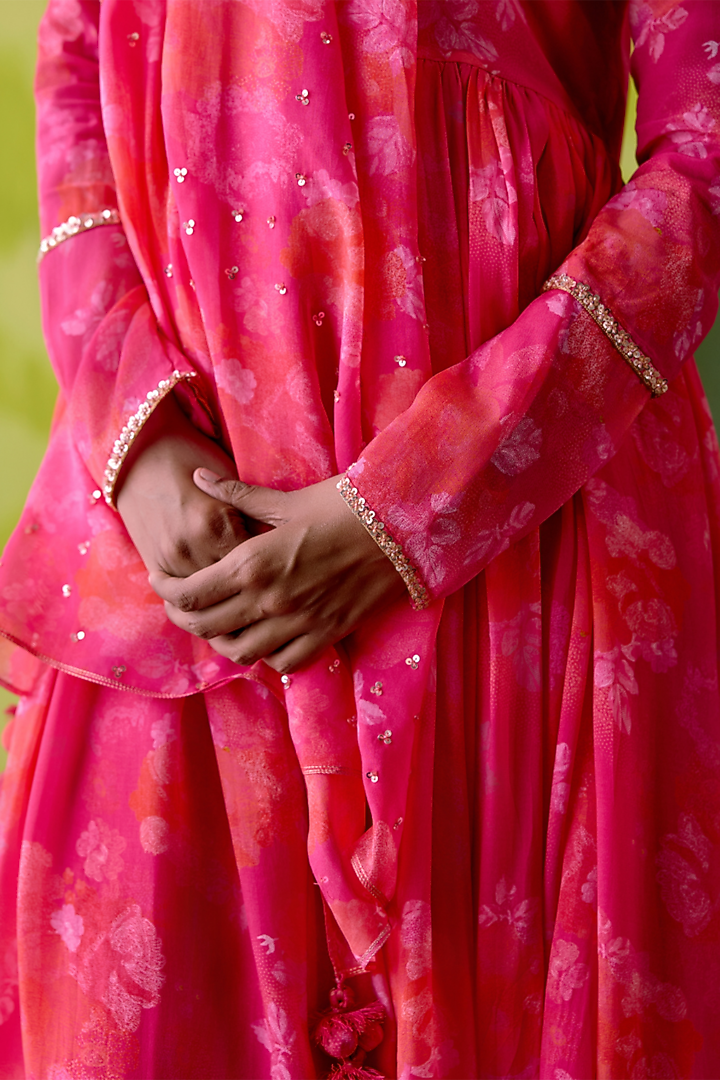 Fuchsia Pink Crepe Silk Floral Printed Wedding Anarkali Set by Deep thee at Pernia's Pop Up Shop