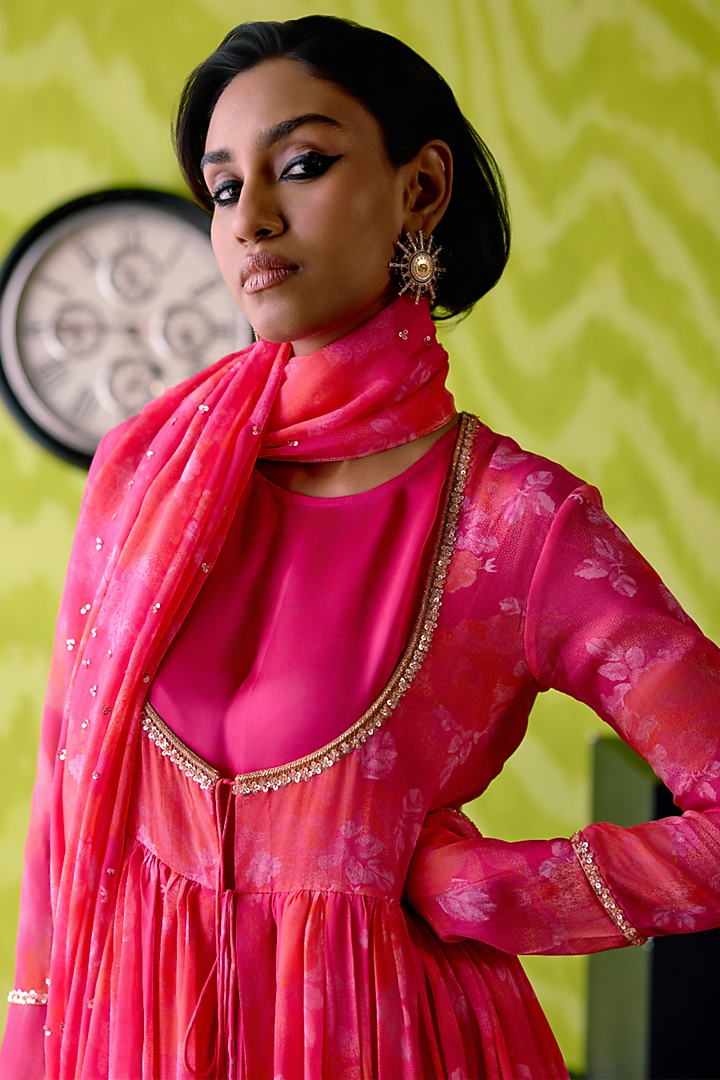 Fuchsia Pink Crepe Silk Floral Printed Wedding Anarkali Set by Deep thee at Pernia's Pop Up Shop