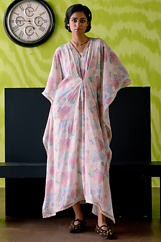 Ivory Crepe Silk Floral Printed & Embroidered Kaftan by Deep thee