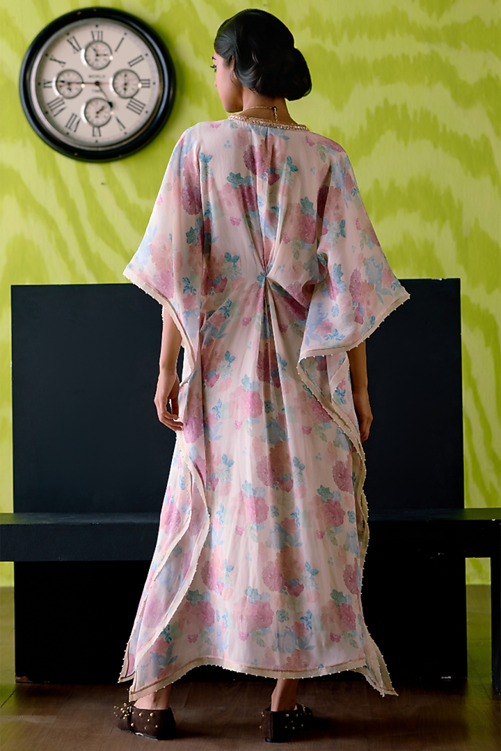 Ivory Crepe Silk Floral Printed & Embroidered Kaftan by Deep thee at Pernia's Pop Up Shop
