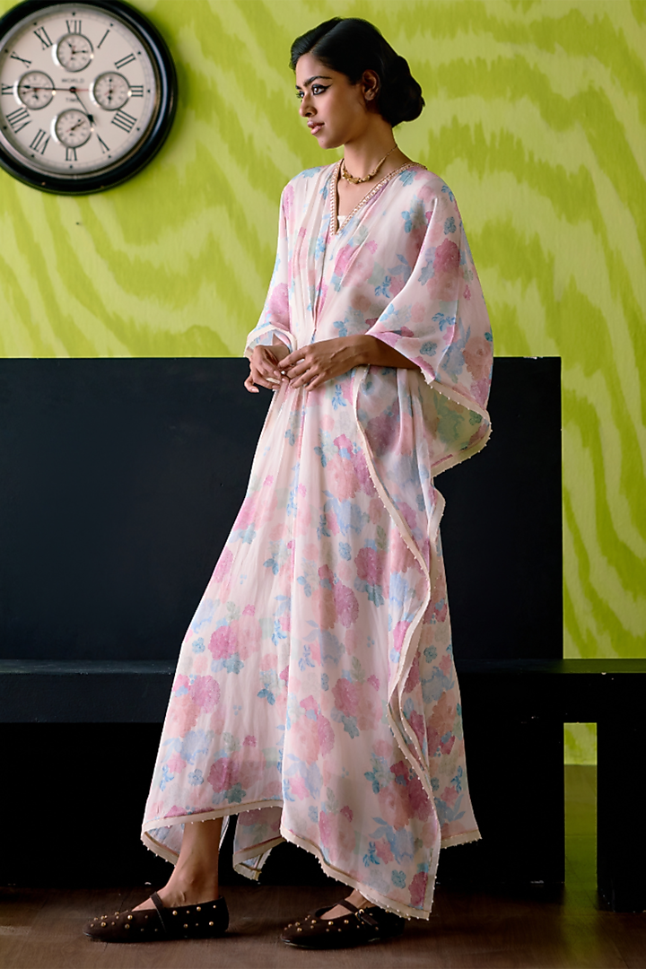 Ivory Crepe Silk Floral Printed & Embroidered Kaftan by Deep thee at Pernia's Pop Up Shop