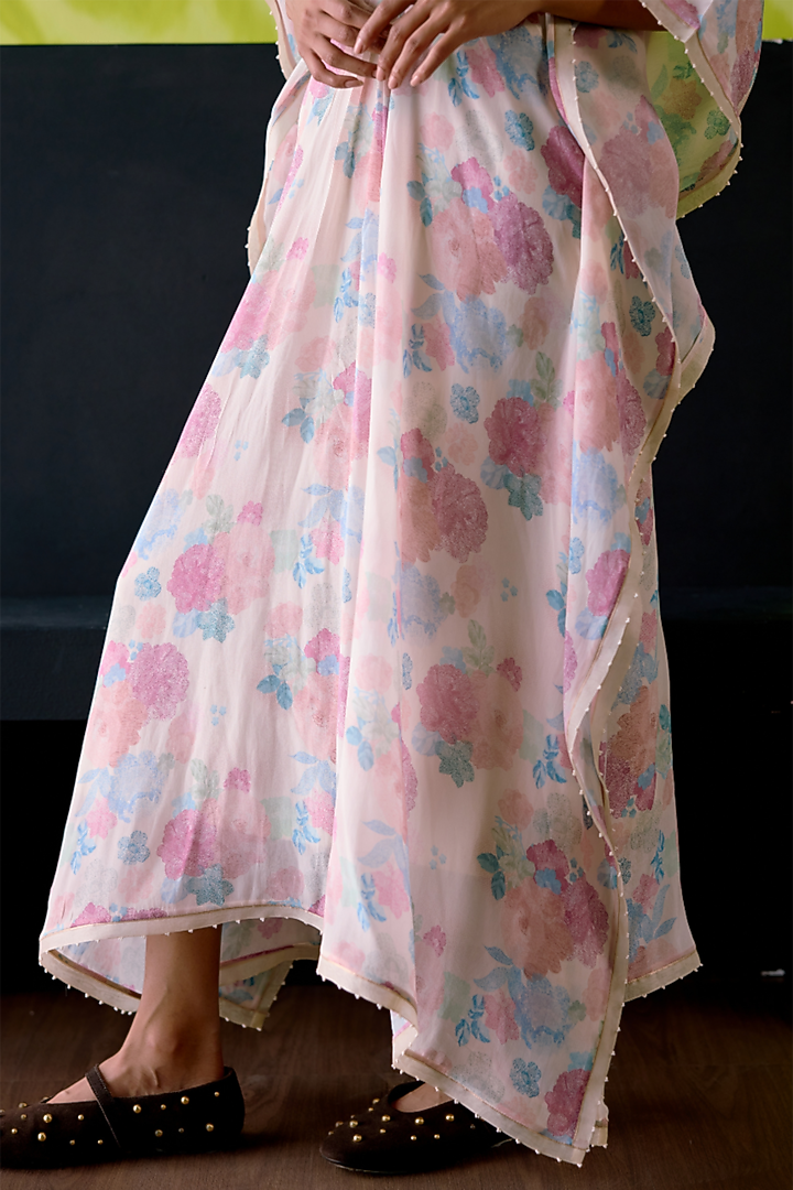 Ivory Crepe Silk Floral Printed & Embroidered Kaftan by Deep thee at Pernia's Pop Up Shop