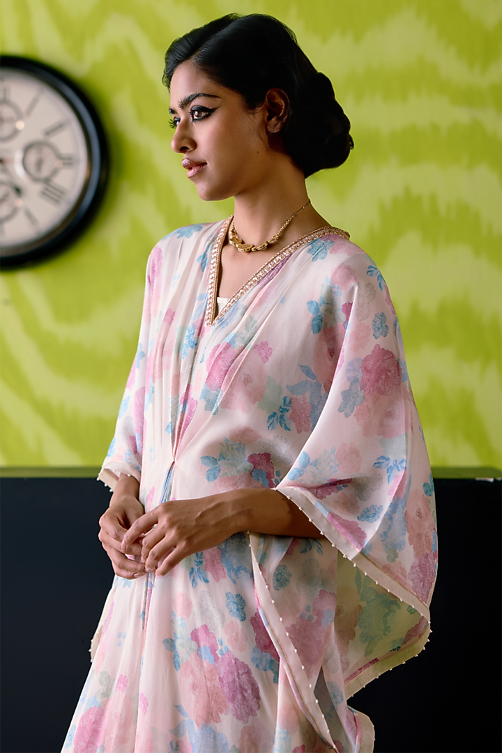 Ivory Crepe Silk Floral Printed & Embroidered Kaftan by Deep thee at Pernia's Pop Up Shop
