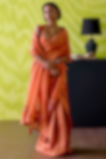 Rust Orange Silk & Organza Embroidered Half-N-Half Wedding Saree Set by Deep thee at Pernia's Pop Up Shop