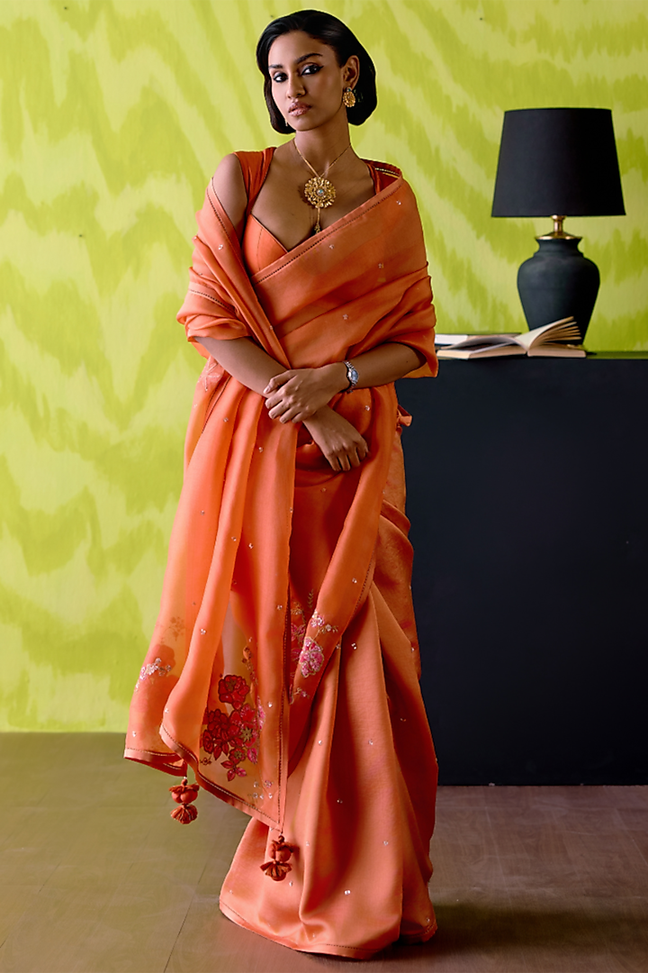 Rust Orange Silk & Organza Embroidered Half-N-Half Wedding Saree Set by Deep thee at Pernia's Pop Up Shop