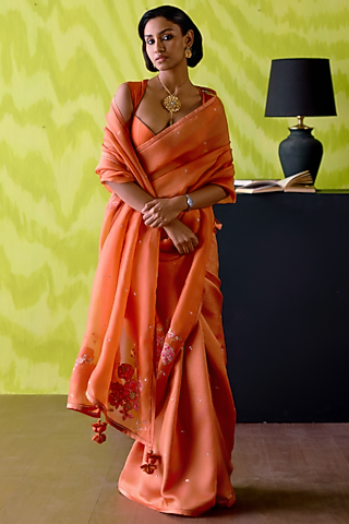 Rust Orange Silk & Organza Embroidered Half-N-Half Saree Set by Deep thee
