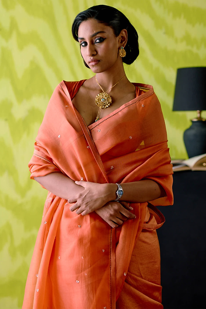 Rust Orange Silk & Organza Embroidered Half-N-Half Wedding Saree Set by Deep thee at Pernia's Pop Up Shop