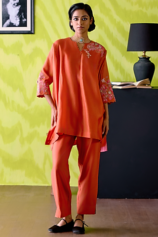 Rust Orange Chanderi Floral Printed Kaftan Set by Deep thee