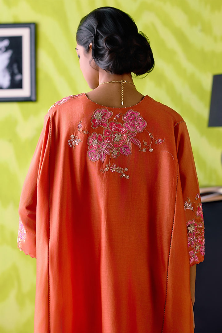 Rust Orange Chanderi Floral Printed Kaftan Set by Deep thee at Pernia's Pop Up Shop