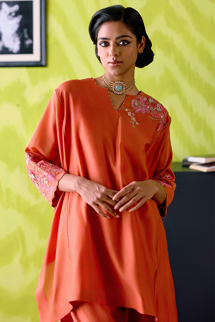 Rust Orange Chanderi Floral Printed Kaftan Set by Deep thee at Pernia's Pop Up Shop