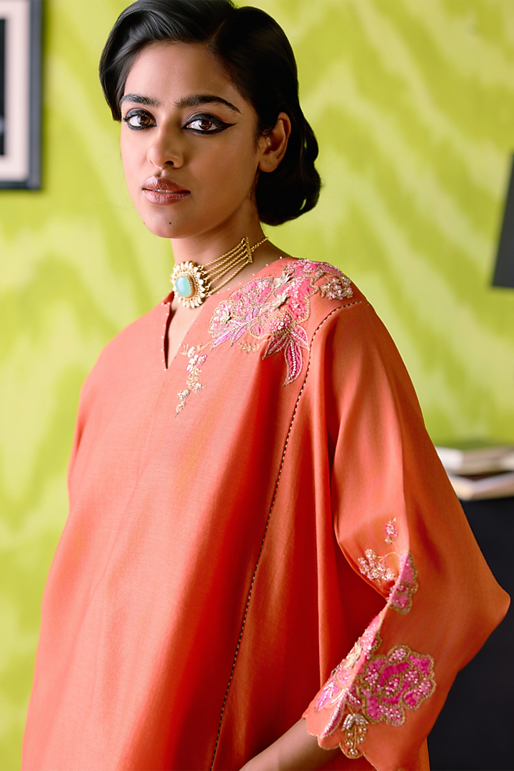 Rust Orange Chanderi Floral Printed Kaftan Set by Deep thee at Pernia's Pop Up Shop