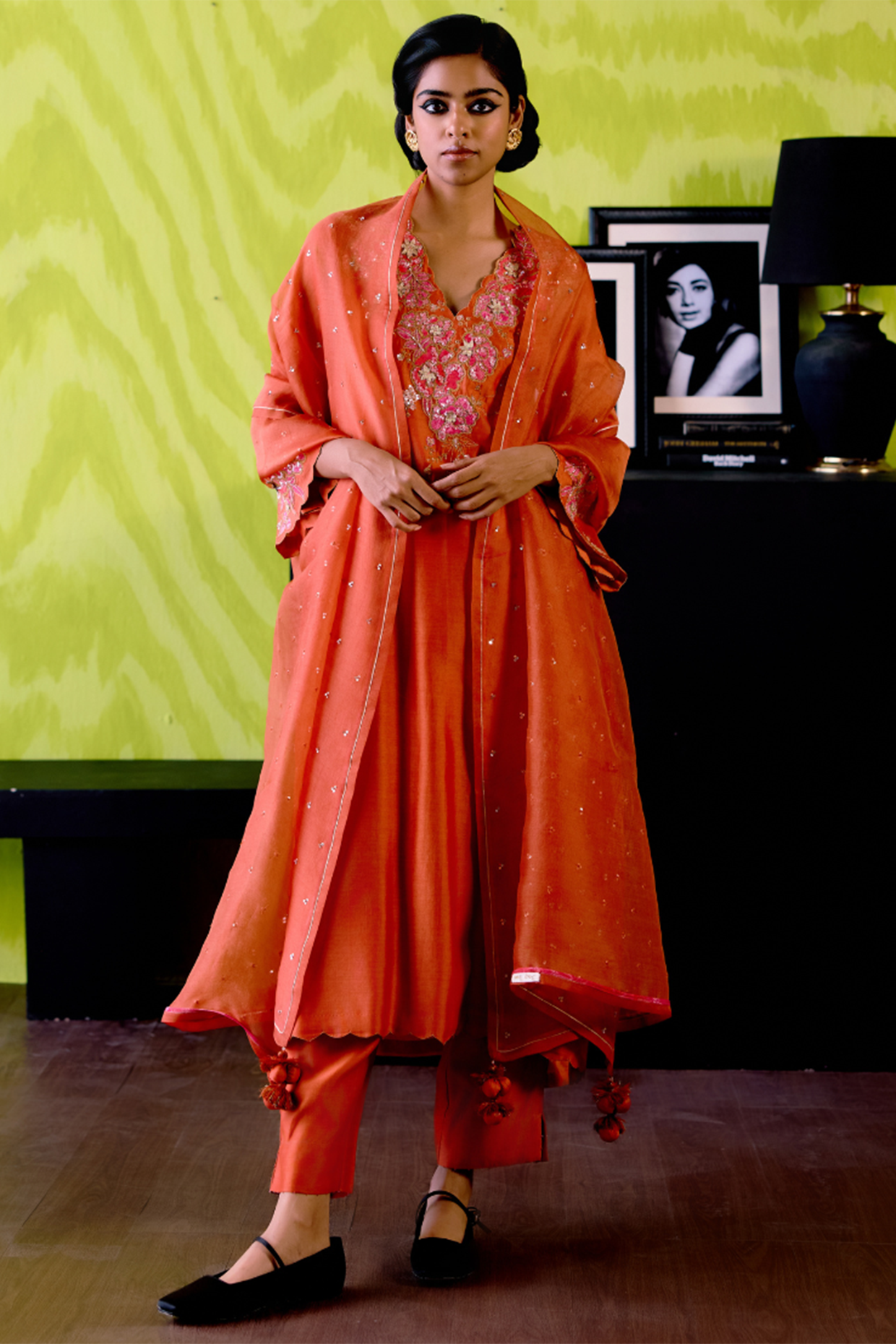 Rust Orange Chanderi Floral Printed A-Line Kurta Set by Deep thee at Pernia's Pop Up Shop