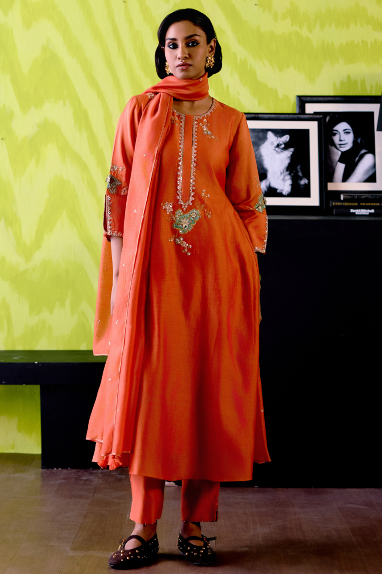 Rust Orange Chanderi Cutdana Embroidered A-Line Kurta Set by Deep thee at Pernia's Pop Up Shop