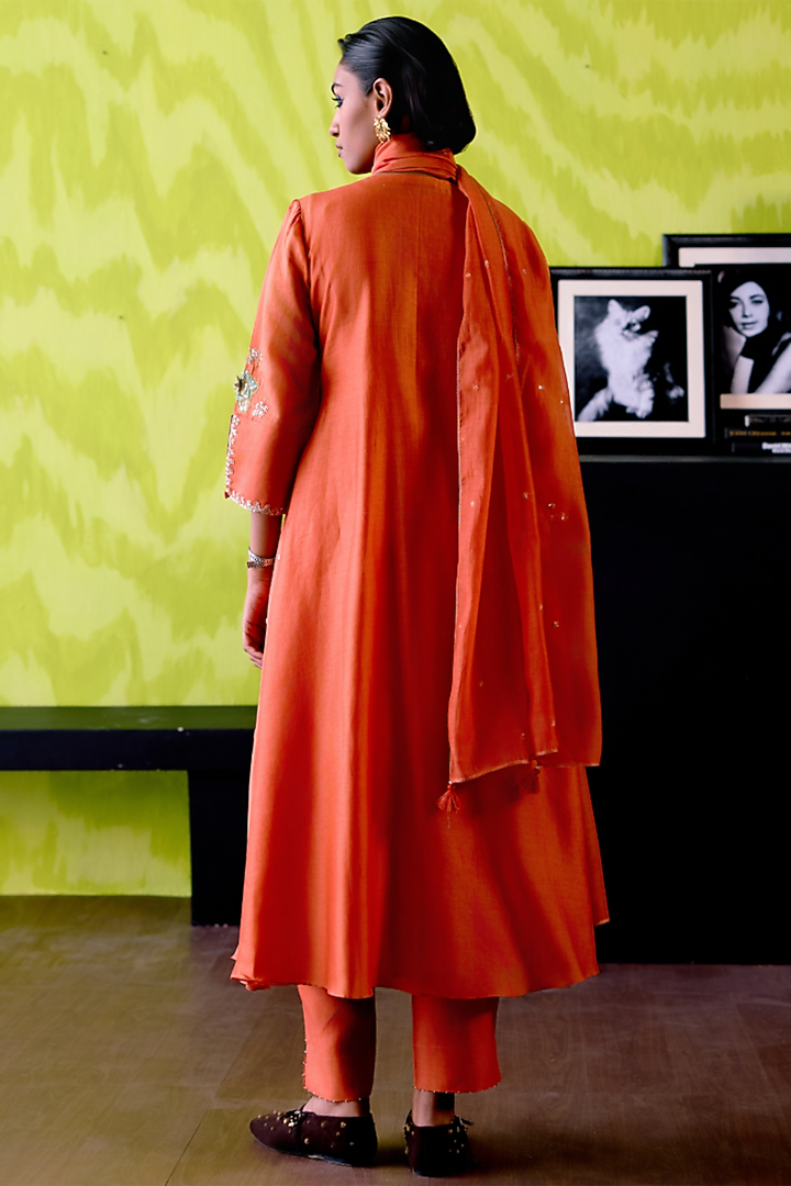 Rust Orange Chanderi Cutdana Embroidered A-Line Kurta Set by Deep thee at Pernia's Pop Up Shop