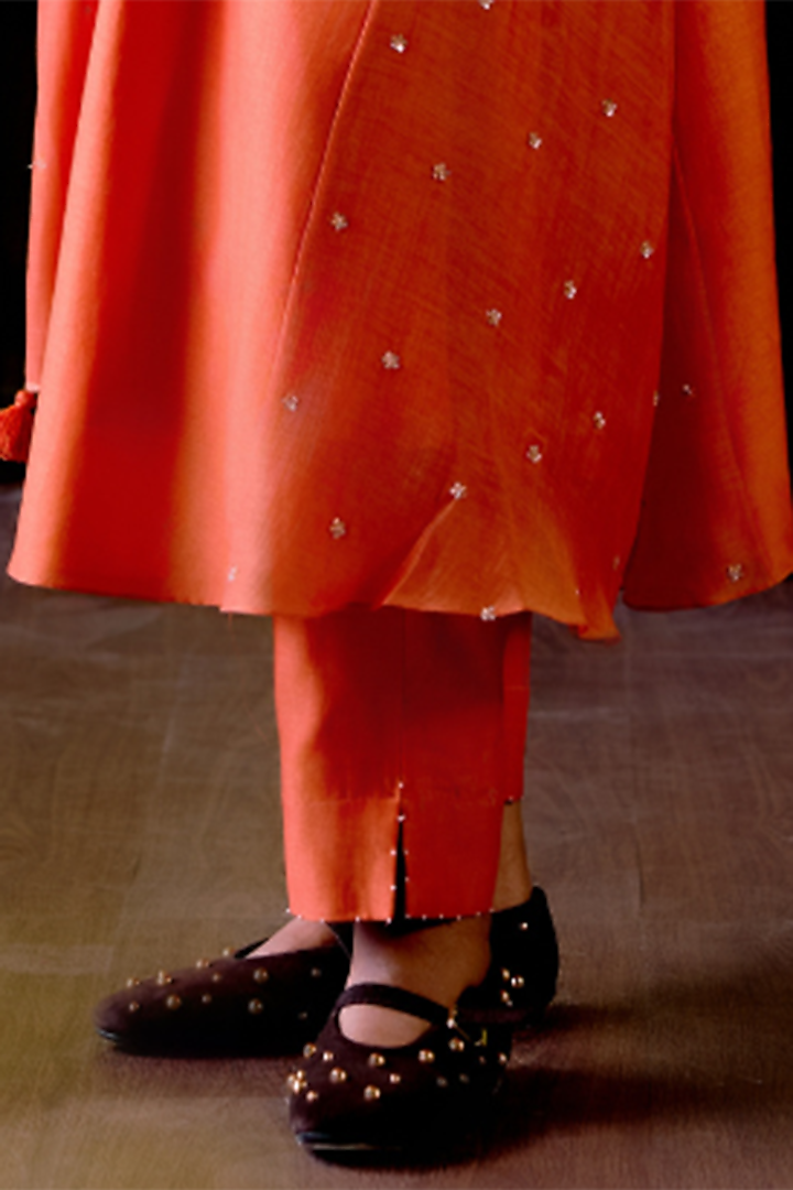 Rust Orange Chanderi Cutdana Embroidered A-Line Kurta Set by Deep thee at Pernia's Pop Up Shop
