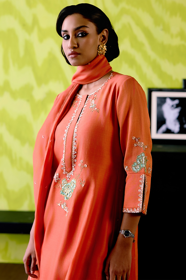 Rust Orange Chanderi Cutdana Embroidered A-Line Kurta Set by Deep thee at Pernia's Pop Up Shop