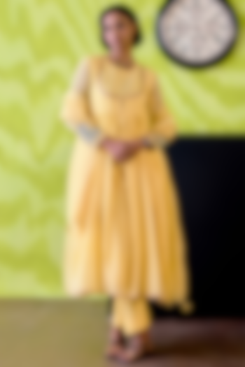 Buttercup Yellow Chanderi Cutdana Floral Work Wedding Anarkali Set by Deep thee at Pernia's Pop Up Shop
