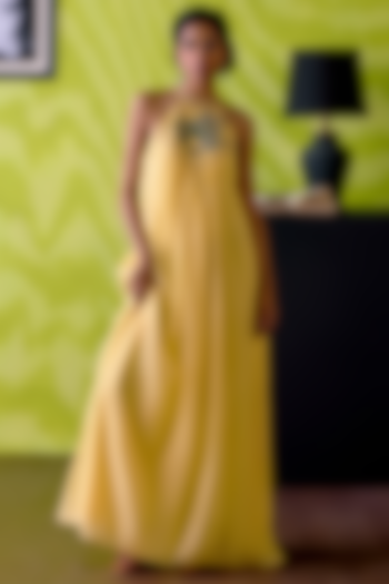 Buttercup Yellow Mul Chanderi Cutdana Work Vacation Dress by Deep thee at Pernia's Pop Up Shop