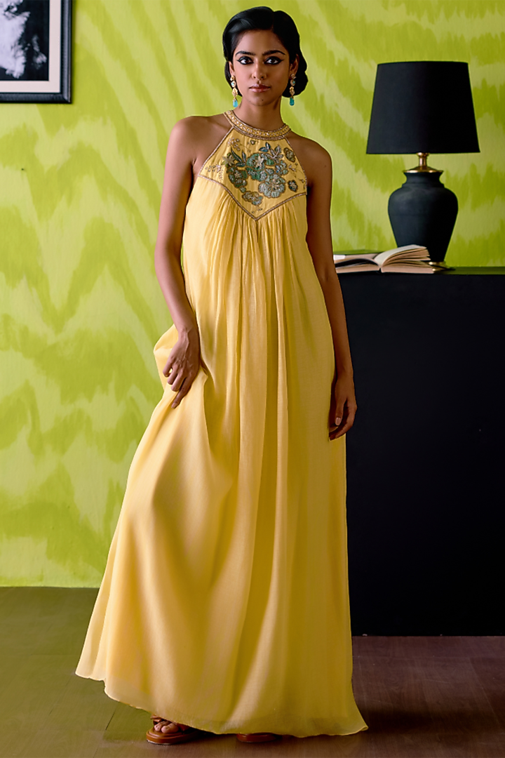 Buttercup Yellow Mul Chanderi Cutdana Work Vacation Dress by Deep thee at Pernia's Pop Up Shop