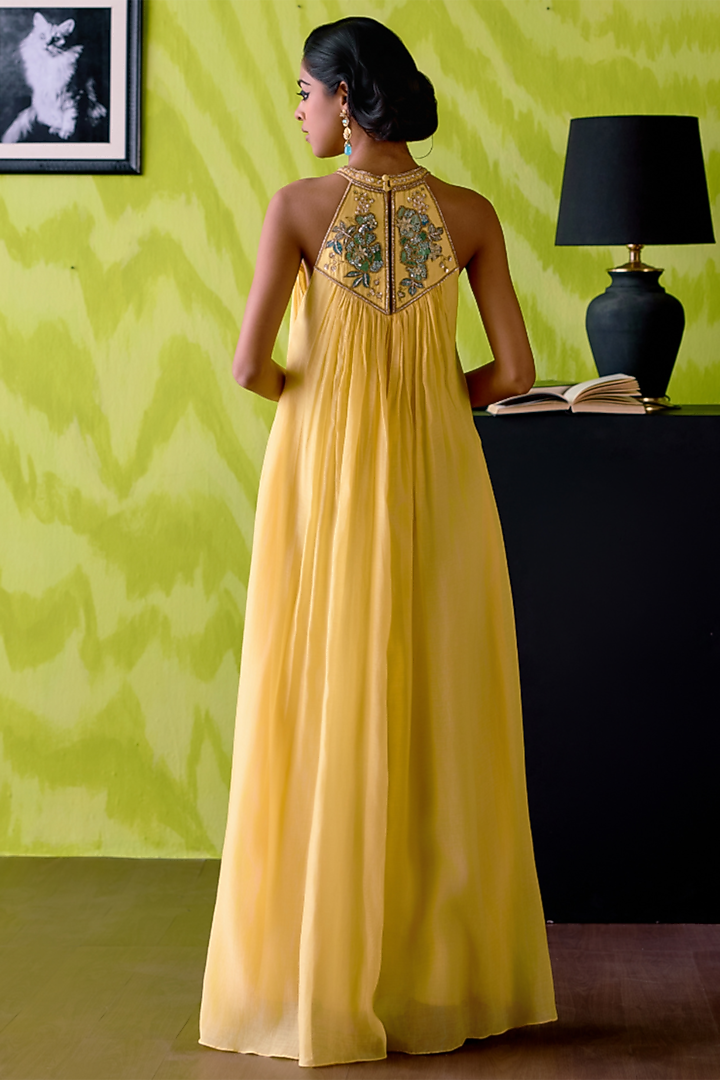 Buttercup Yellow Mul Chanderi Cutdana Work Vacation Dress by Deep thee at Pernia's Pop Up Shop