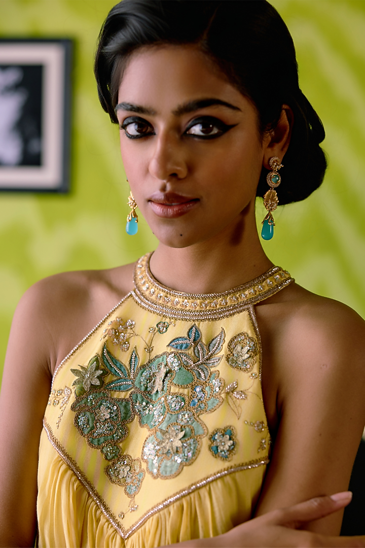 Buttercup Yellow Mul Chanderi Cutdana Work Vacation Dress by Deep thee at Pernia's Pop Up Shop