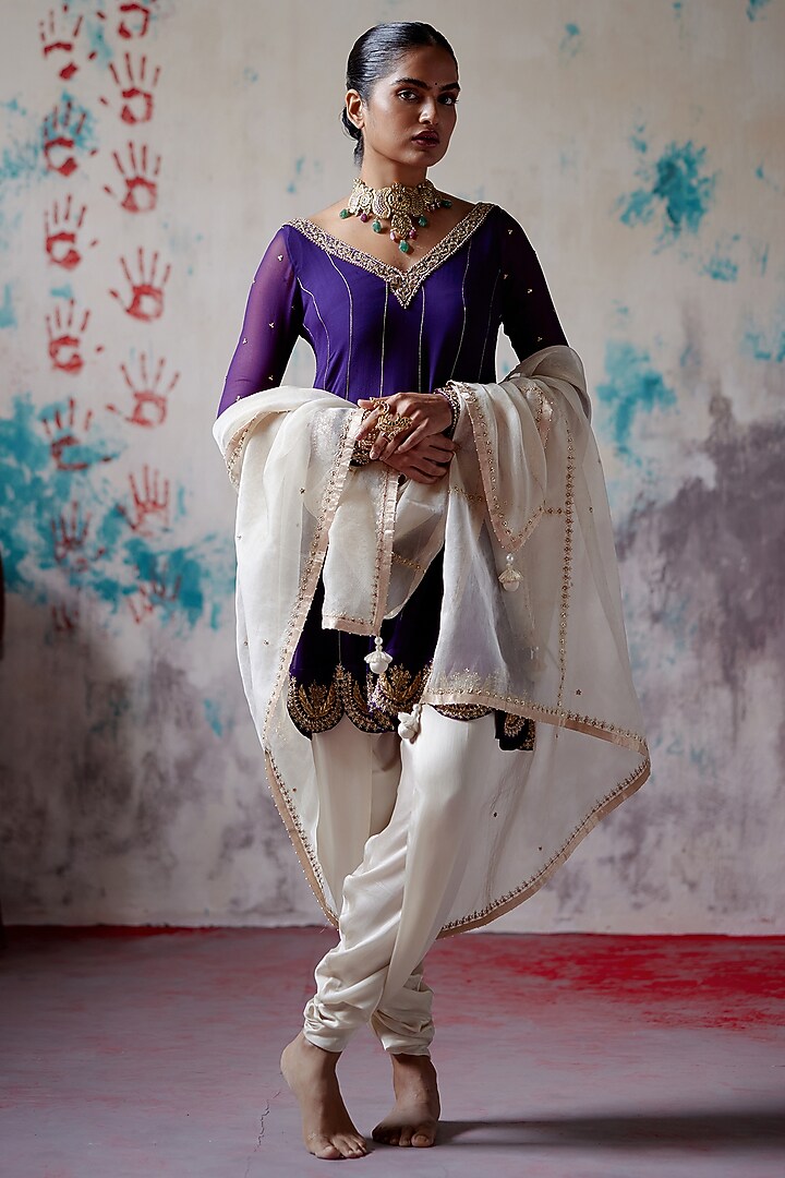 Purple Georgette Zardosi Embroidered Wedding Anarkali Set by Deep Thee at Pernia's Pop Up Shop