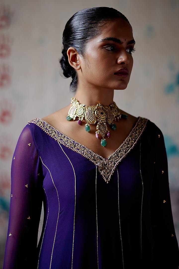 Purple Georgette Zardosi Embroidered Wedding Anarkali Set by Deep Thee at Pernia's Pop Up Shop