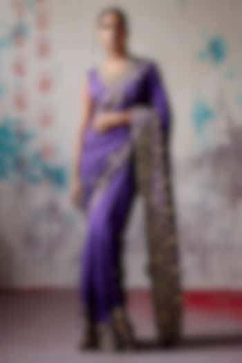 Purple Silk Zardosi Embroidered Reception Saree Set by Deep Thee at Pernia's Pop Up Shop