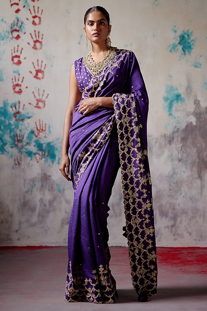 Purple Silk Zardosi Embroidered Reception Saree Set by Deep Thee at Pernia's Pop Up Shop